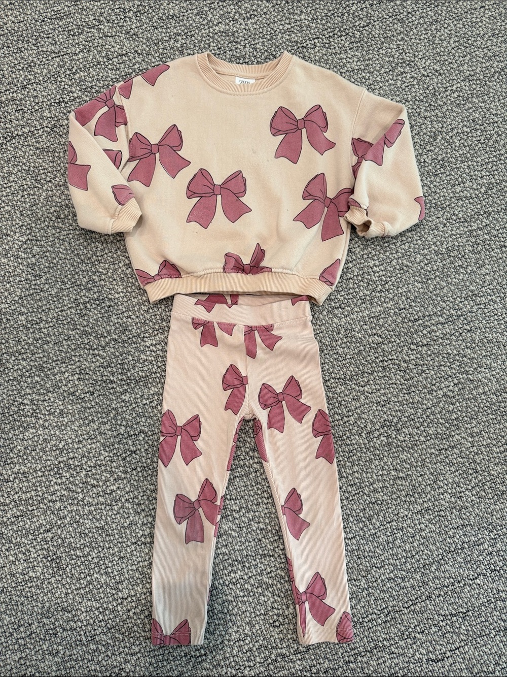 Zara Cream and Pink Bow Knit Pajama Set